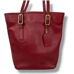 COACH Vintage Red Leather Tote Bag with Gold Accents